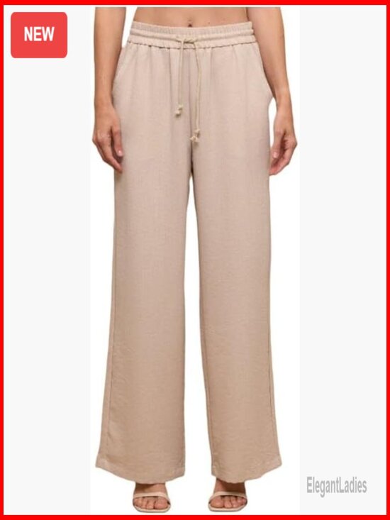 Pants - High Waisted Flowy Palazzo Wide Leg Pants with Pockets